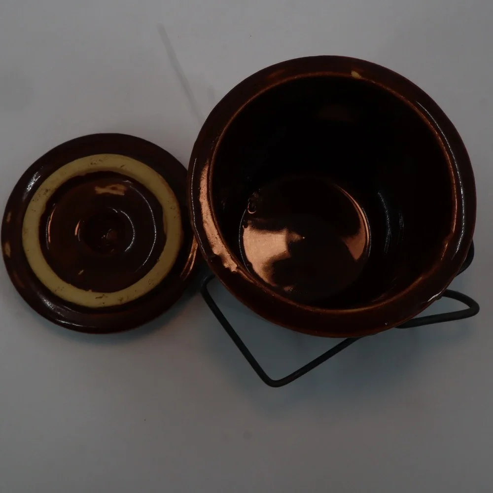 Stoneware Crock Jar Unisex 5in Brown Glazed Wire Bale Lid Vintage‎